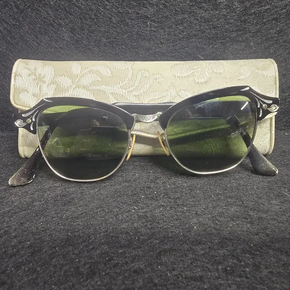 Vintage Bausch & Lomb Cat Eye Sunglasses Etched Aluminum Browline 1950s Case &